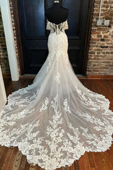 Beige Appliques Off-the-Shoulder Trumpet Long Wedding Dress